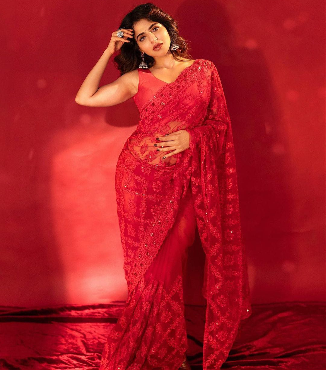 Red Soft Organza Silk With Embroidery Jhal work  Saree