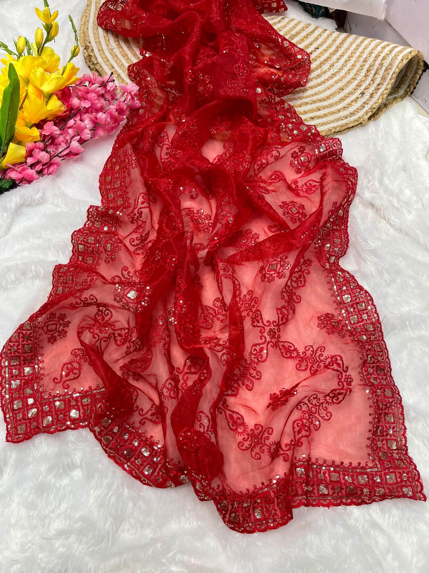 Red Soft Organza Silk With Embroidery Jhal work  Saree