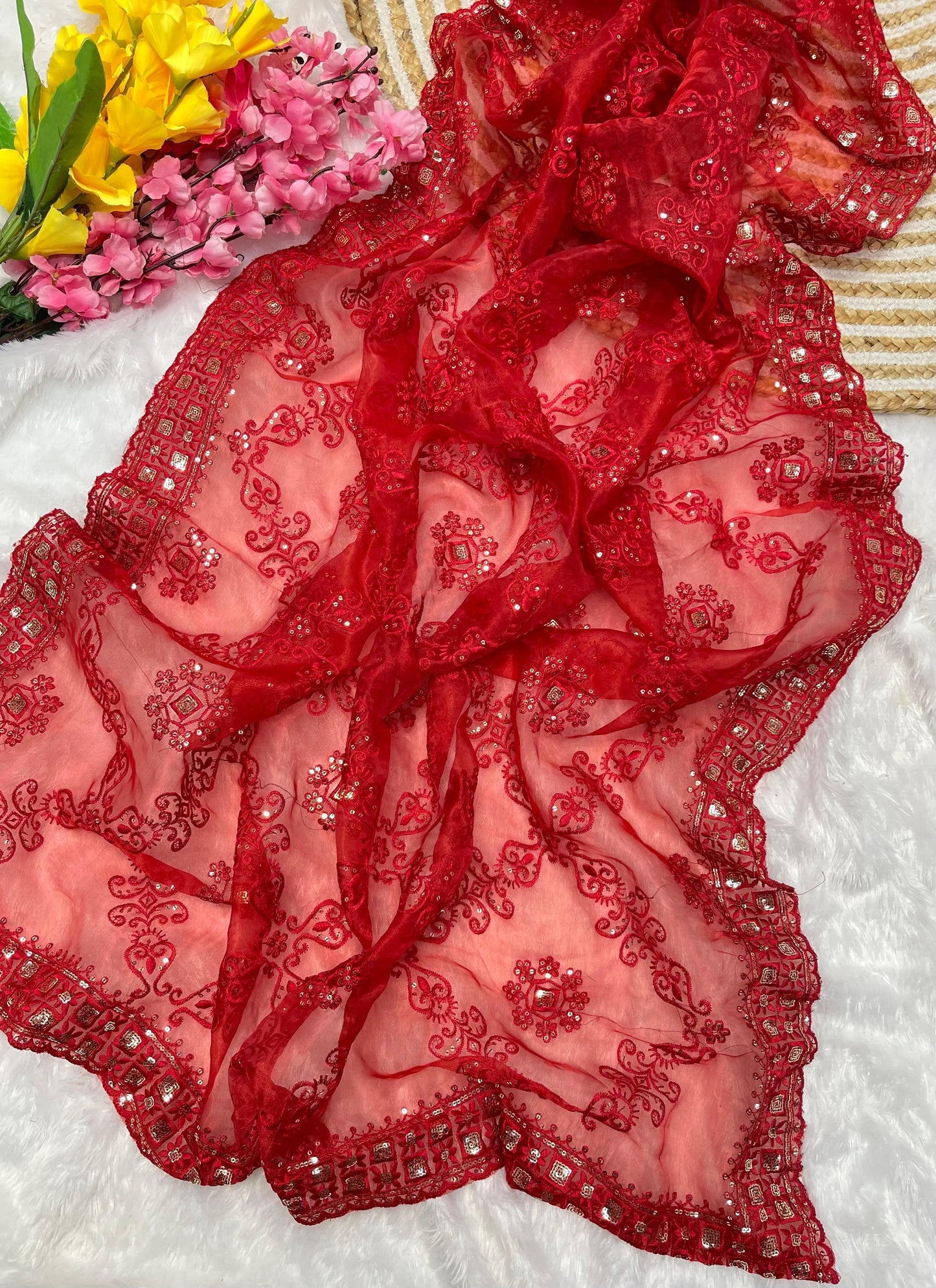 Red Soft Organza Silk With Embroidery Jhal work  Saree