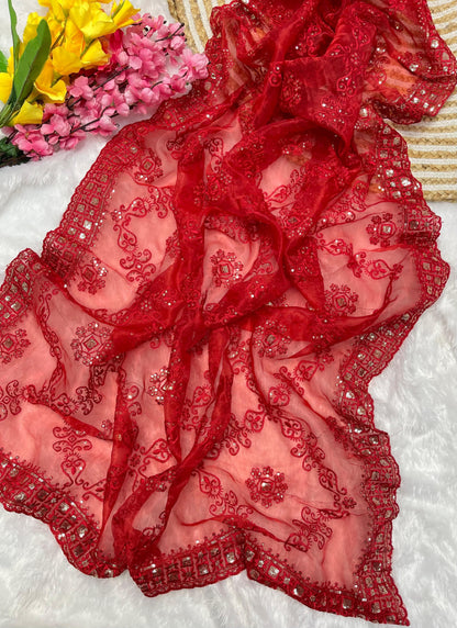 Red Soft Organza Silk With Embroidery Jhal work  Saree