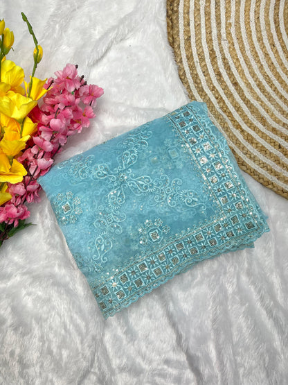 Red Soft Organza Silk With Embroidery Jhal work  Saree