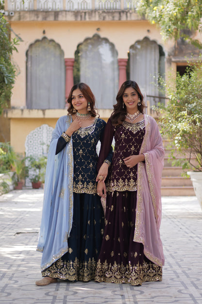 Navy Blue Faux Blooming With Embroidered Kurta Plazzo Set