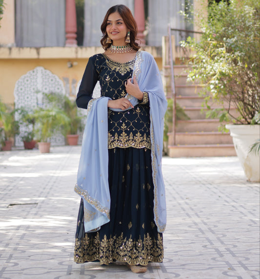 Navy Blue Faux Blooming With Embroidered Kurta Plazzo Set