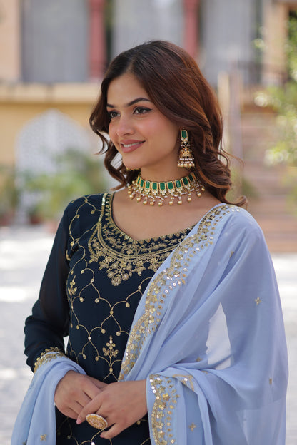 Navy Blue Faux Blooming With Embroidered Kurta Plazzo Set