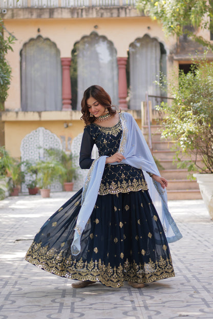 Navy Blue Faux Blooming With Embroidered Kurta Plazzo Set