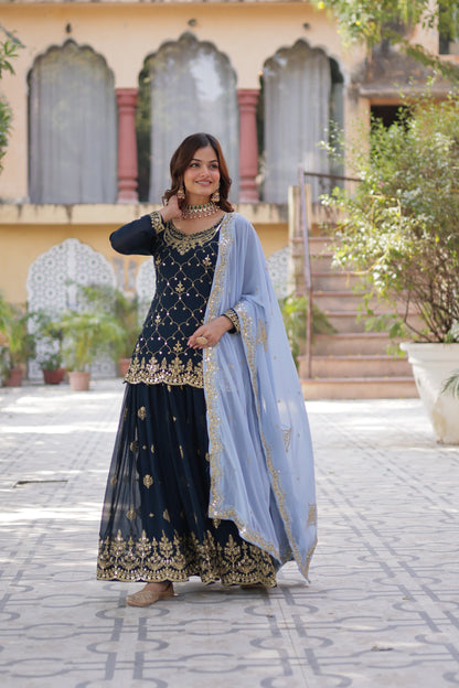 Navy Blue Faux Blooming With Embroidered Kurta Plazzo Set