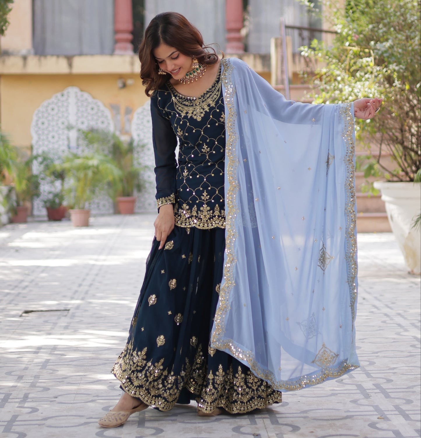 Navy Blue Faux Blooming With Embroidered Kurta Plazzo Set