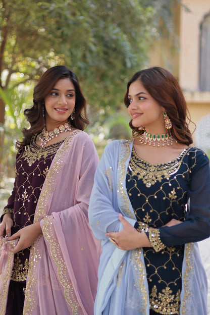 Navy Blue Faux Blooming With Embroidered Kurta Plazzo Set