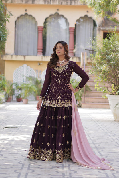 Navy Blue Faux Blooming With Embroidered Kurta Plazzo Set