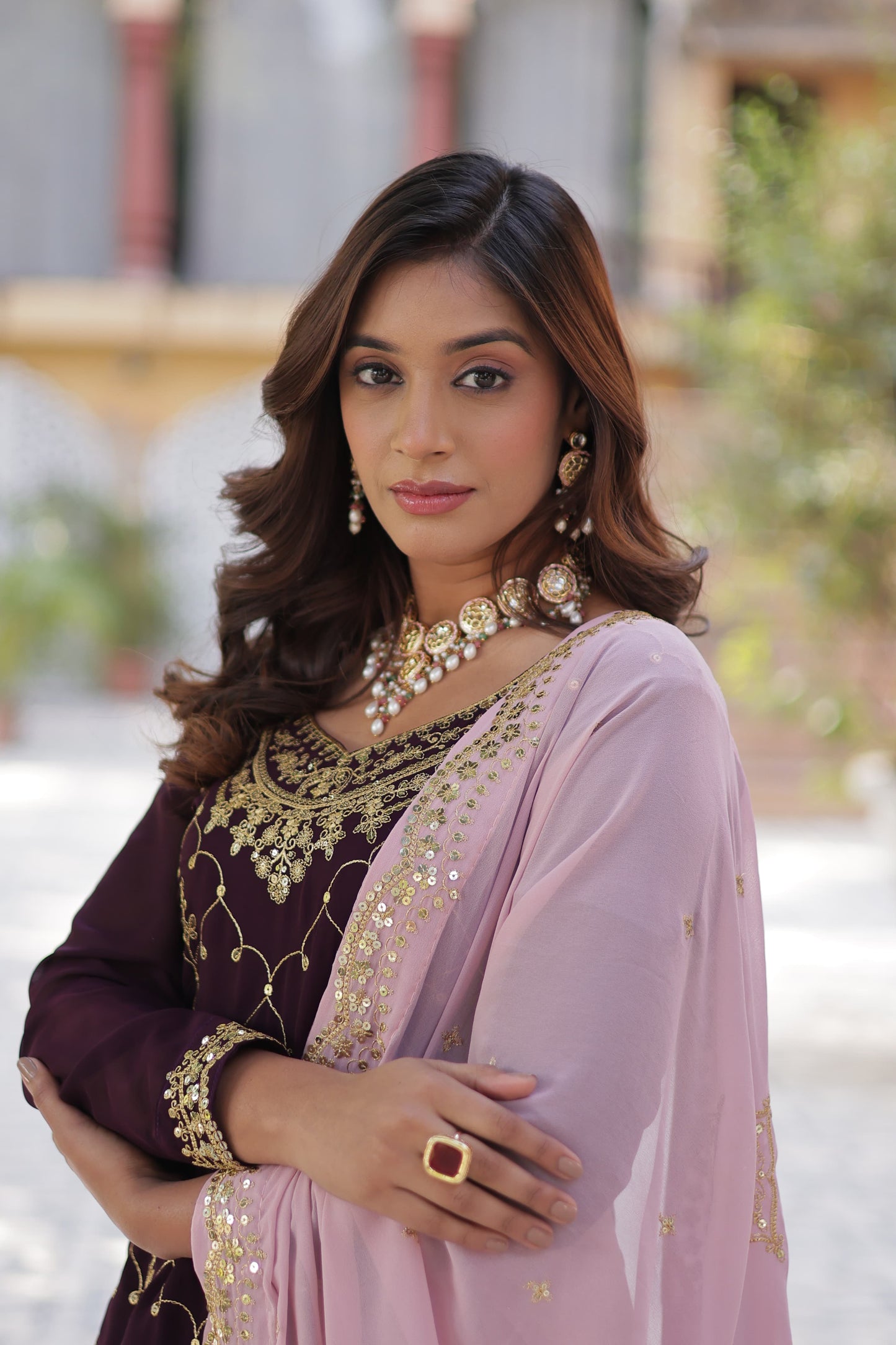 Navy Blue Faux Blooming With Embroidered Kurta Plazzo Set