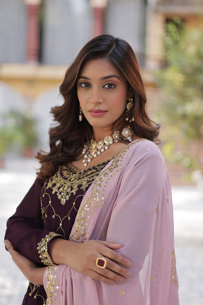 Navy Blue Faux Blooming With Embroidered Kurta Plazzo Set