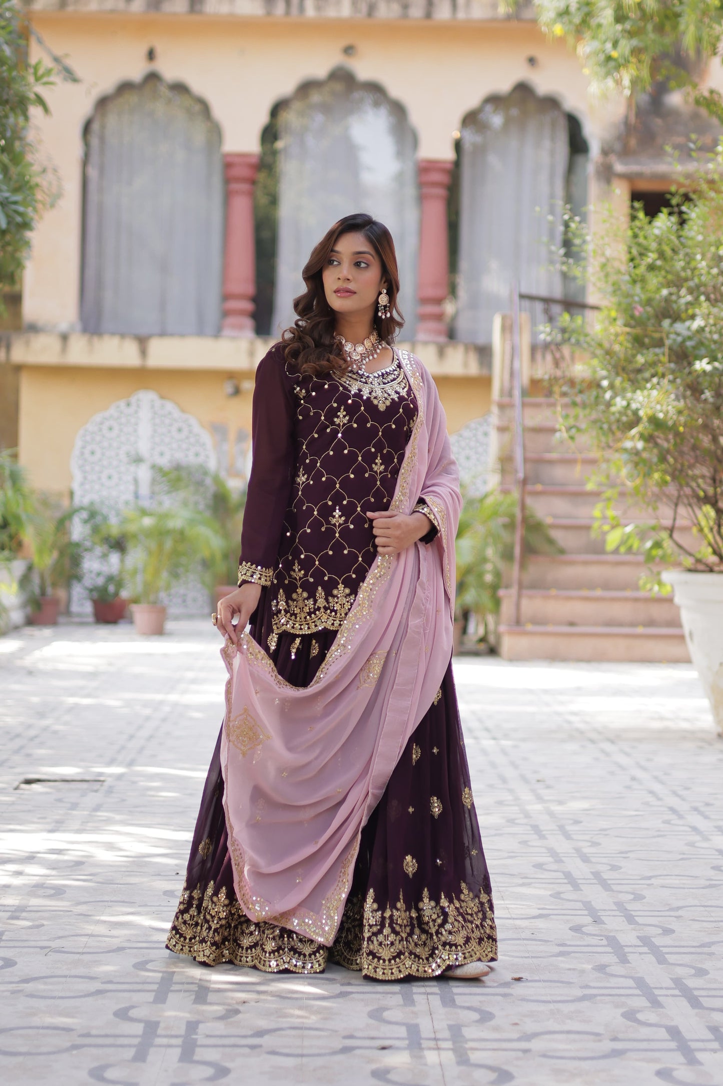 Navy Blue Faux Blooming With Embroidered Kurta Plazzo Set