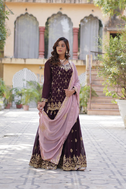 Navy Blue Faux Blooming With Embroidered Kurta Plazzo Set