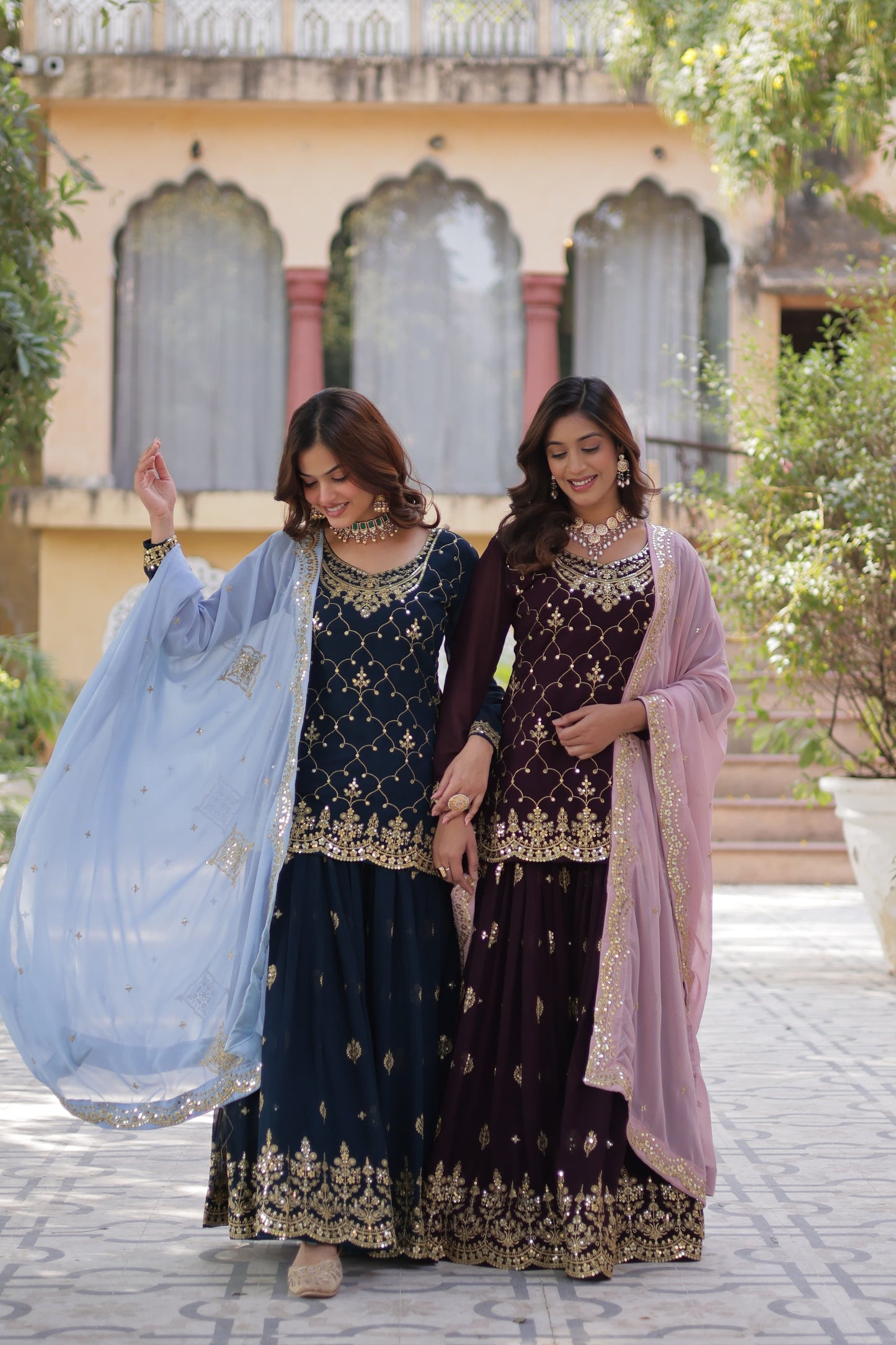 Navy Blue Faux Blooming With Embroidered Kurta Plazzo Set