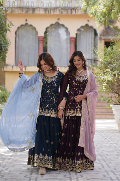 Navy Blue Faux Blooming With Embroidered Kurta Plazzo Set