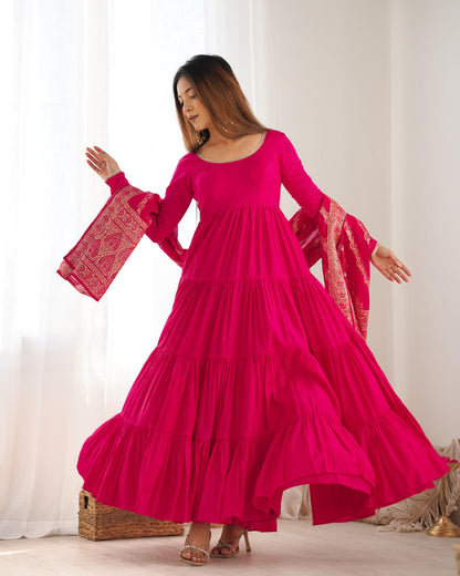 Pink Heavy Romansilk Chanderi With Yoke Lace 3pc Kurta Set