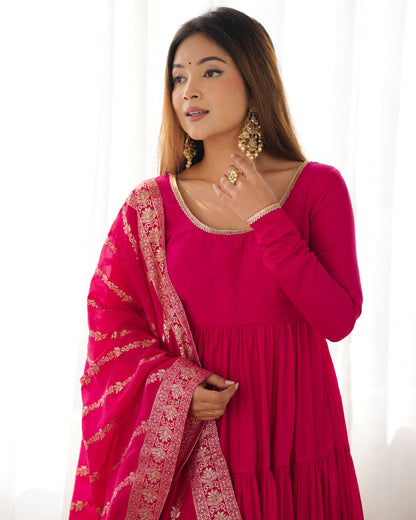 Pink Heavy Romansilk Chanderi With Yoke Lace 3pc Kurta Set