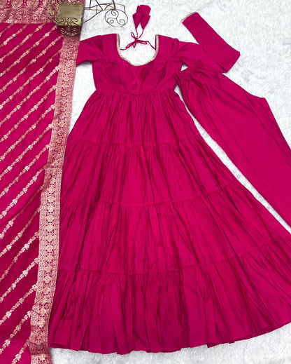 Pink Heavy Romansilk Chanderi With Yoke Lace 3pc Kurta Set