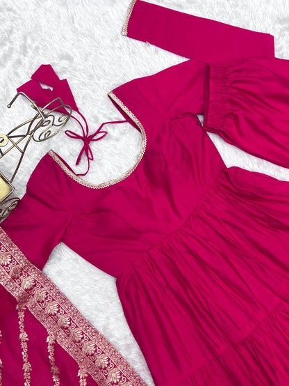 Pink Heavy Romansilk Chanderi With Yoke Lace 3pc Kurta Set