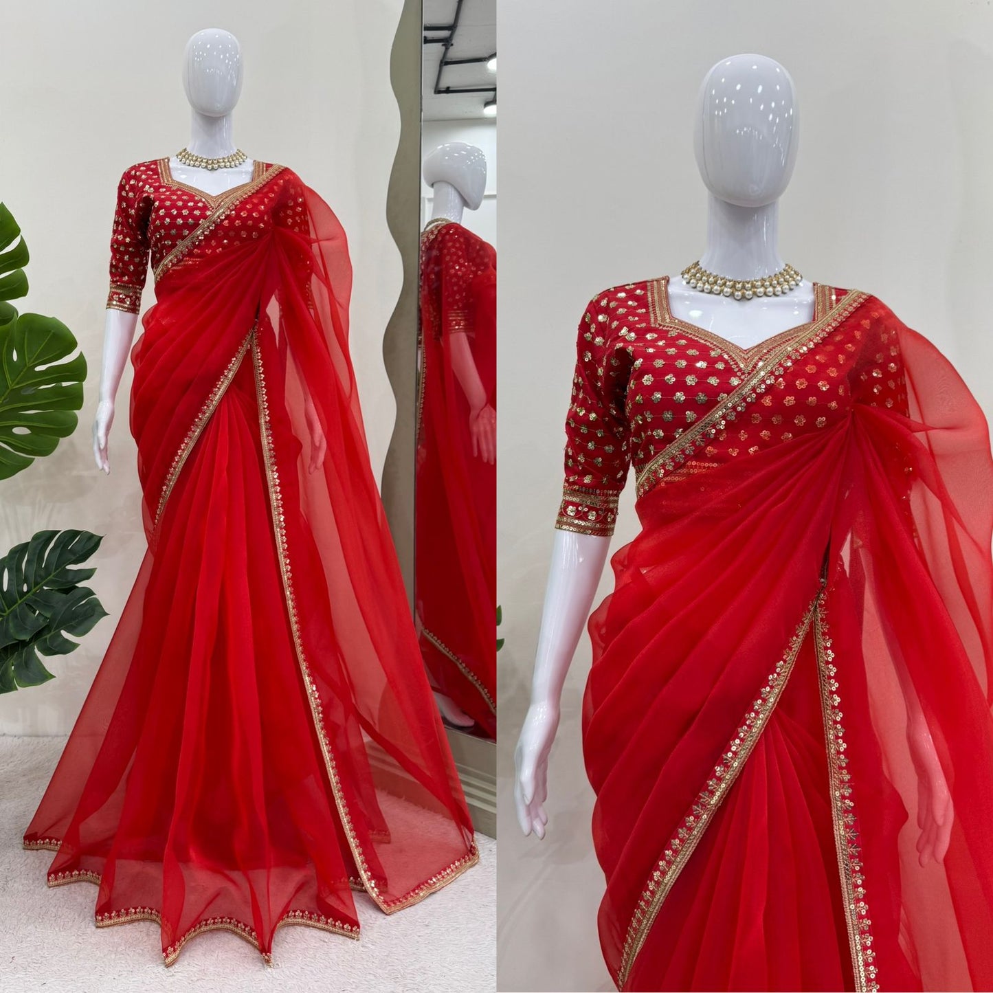 Red  Heavy Organza Silk With Thread Sequins Work Saree