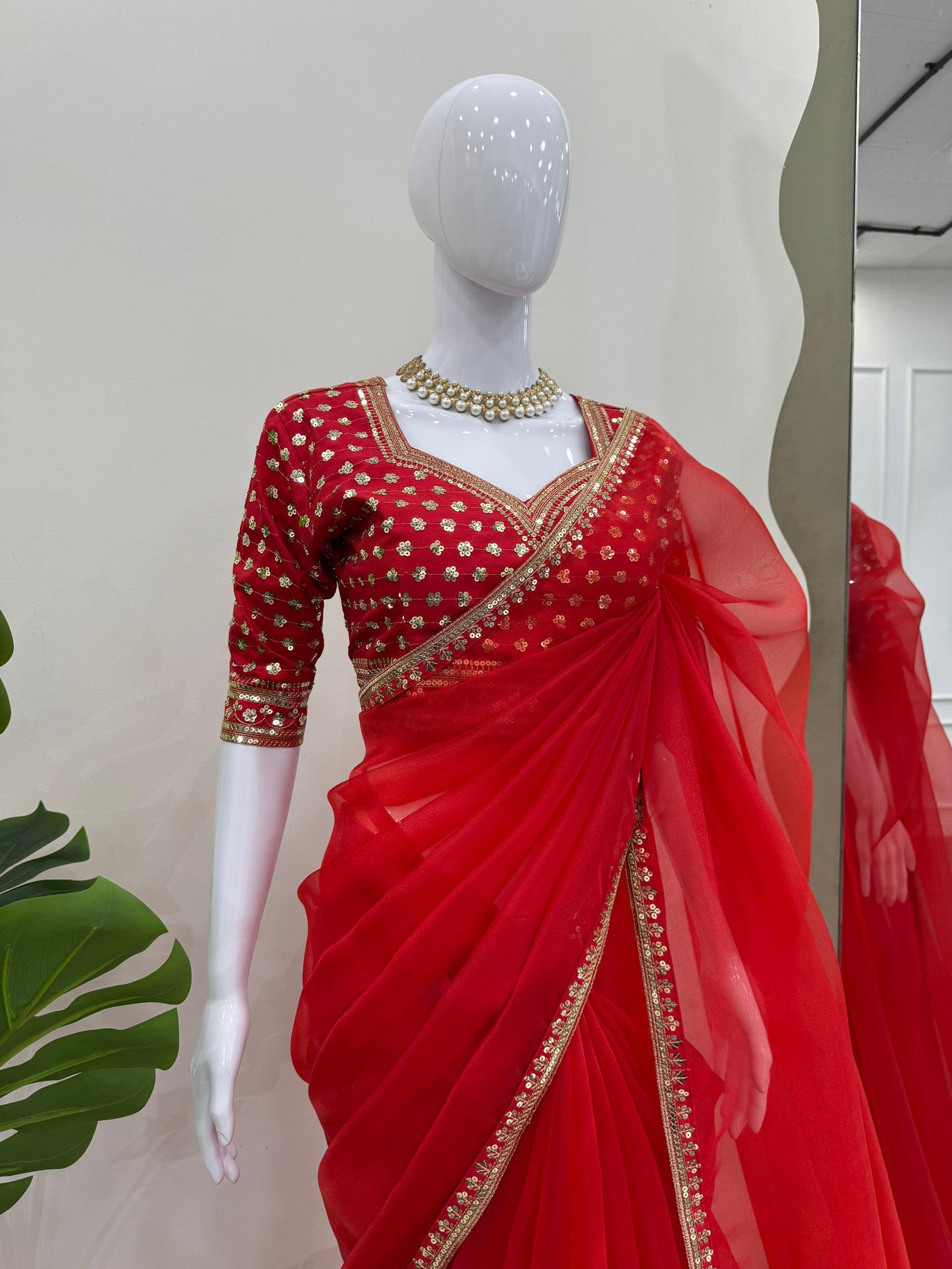 Red  Heavy Organza Silk With Thread Sequins Work Saree
