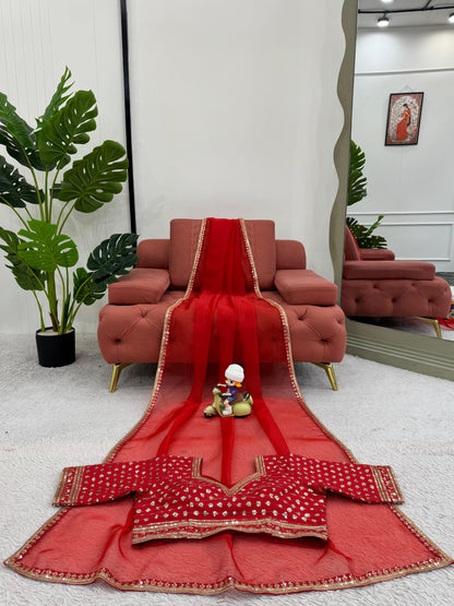 Red  Heavy Organza Silk With Thread Sequins Work Saree