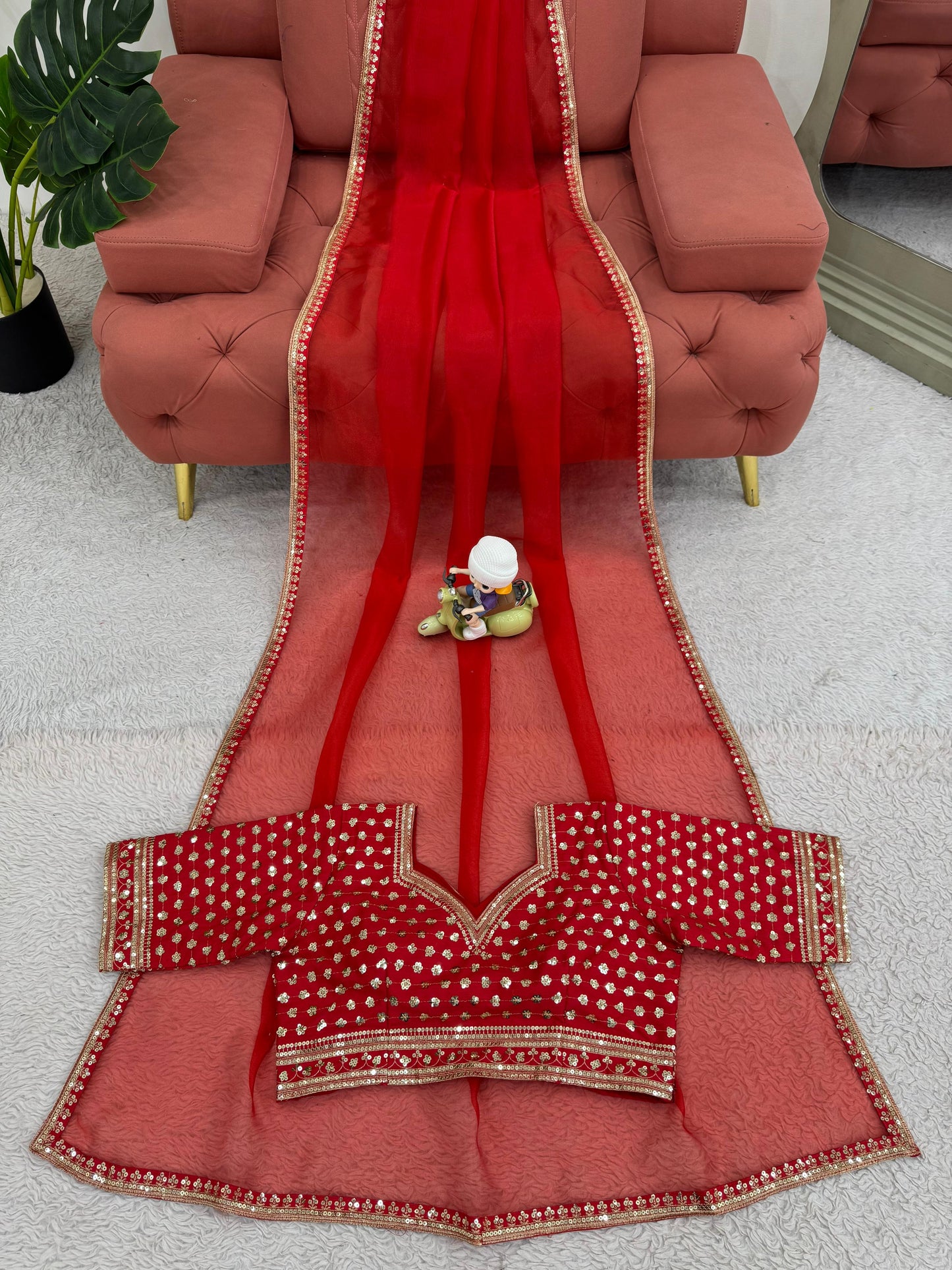 Red  Heavy Organza Silk With Thread Sequins Work Saree
