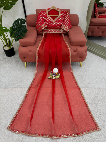 Red  Heavy Organza Silk With Thread Sequins Work Saree