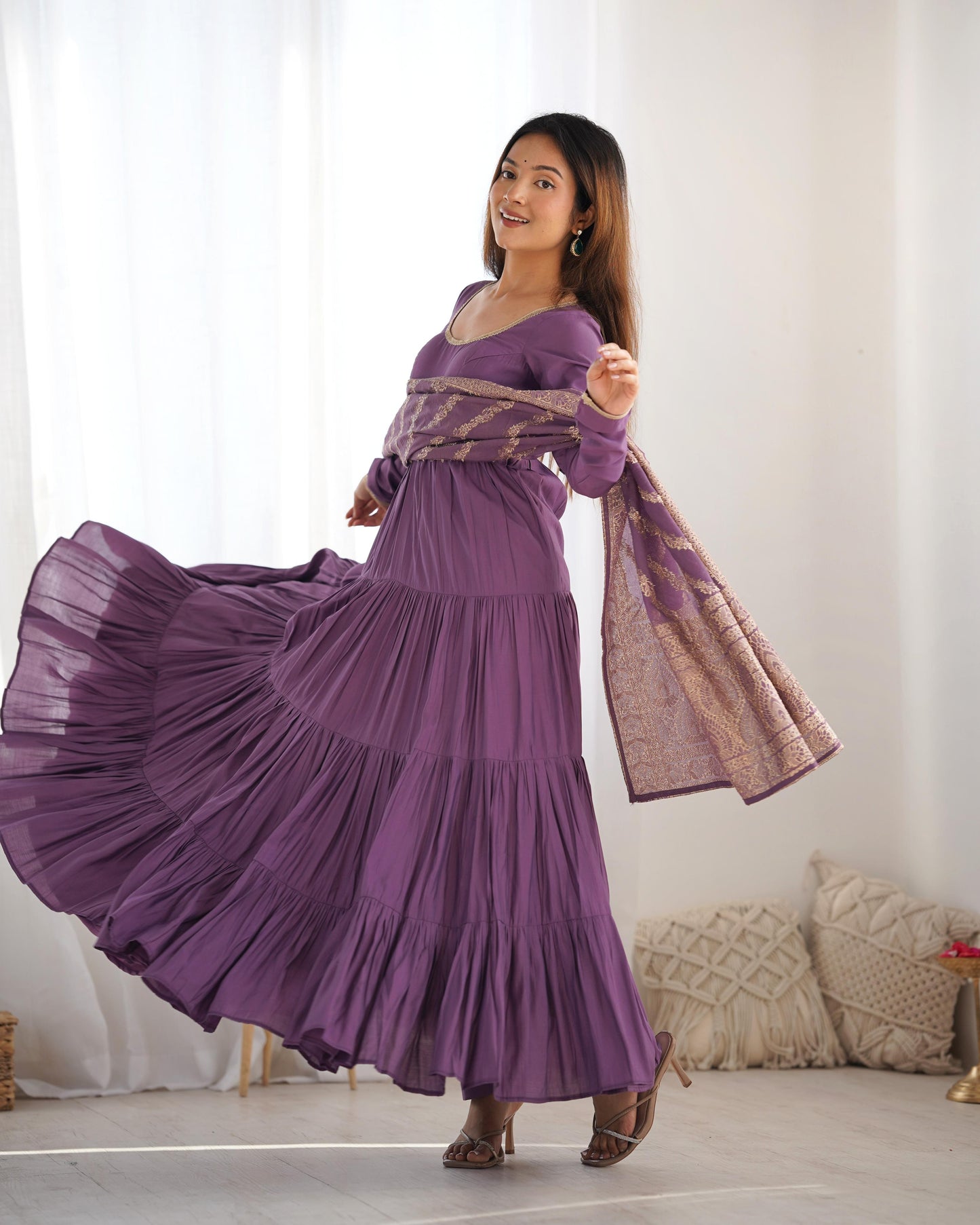 Mauve Purple Heavy Romansilk Chanderi With Yoke Lace 3pc Kurta Set