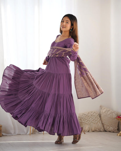 Mauve Purple Heavy Romansilk Chanderi With Yoke Lace 3pc Kurta Set