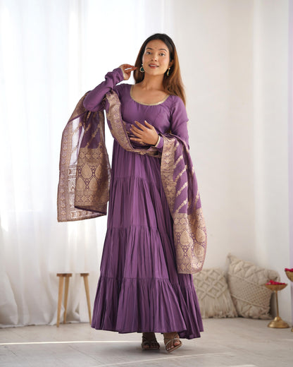 Mauve Purple Heavy Romansilk Chanderi With Yoke Lace 3pc Kurta Set