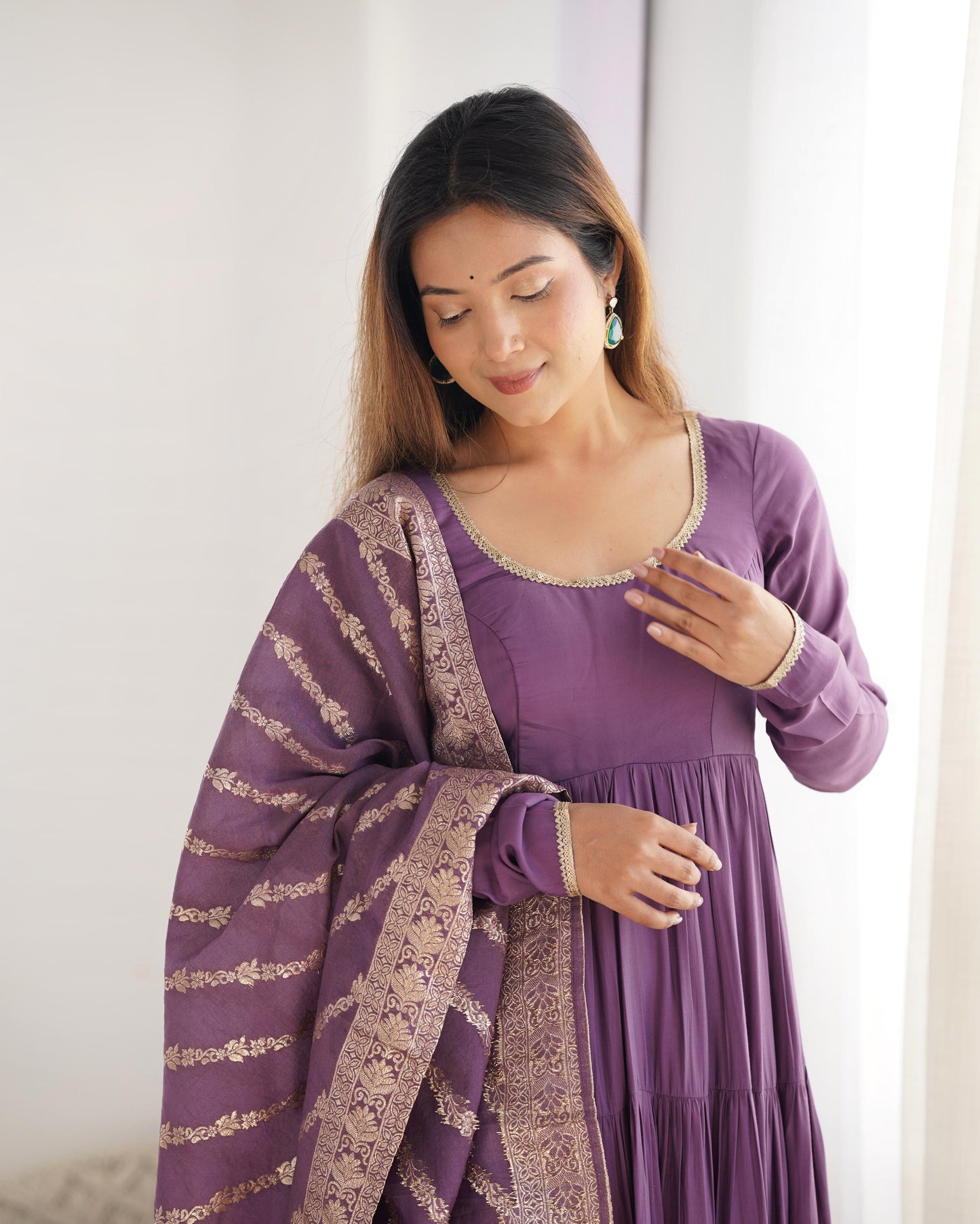 Mauve Purple Heavy Romansilk Chanderi With Yoke Lace 3pc Kurta Set