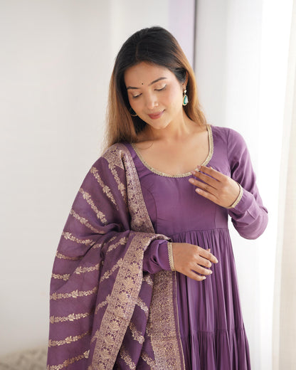 Mauve Purple Heavy Romansilk Chanderi With Yoke Lace 3pc Kurta Set