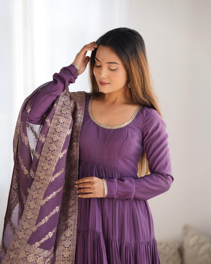 Mauve Purple Heavy Romansilk Chanderi With Yoke Lace 3pc Kurta Set