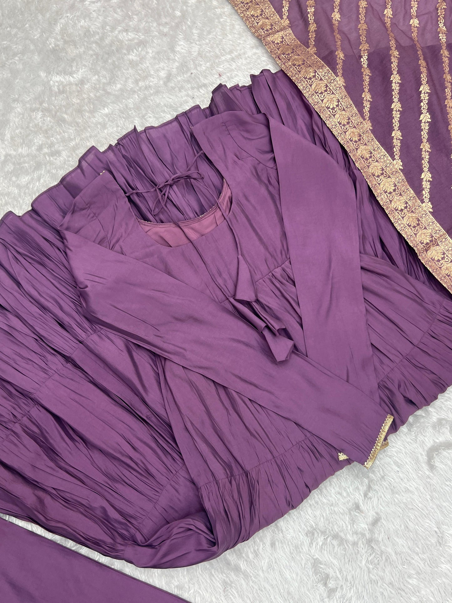 Mauve Purple Heavy Romansilk Chanderi With Yoke Lace 3pc Kurta Set
