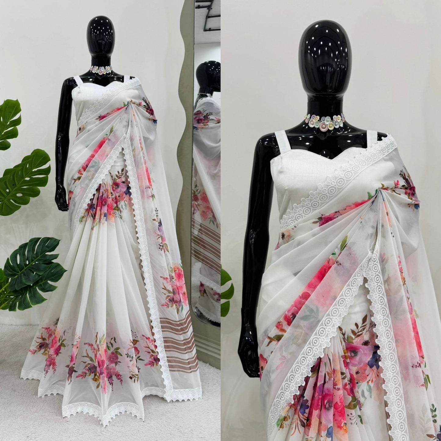 White Faux georgette With Digital Print Saree