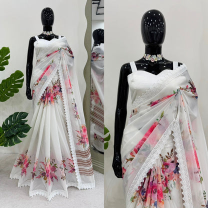 White Faux georgette With Digital Print Saree