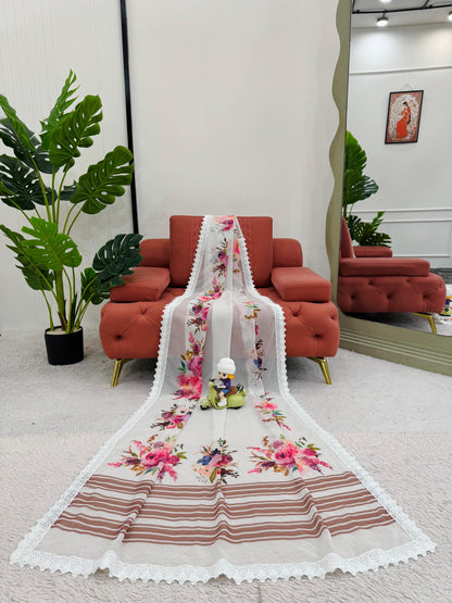 White Faux georgette With Digital Print Saree