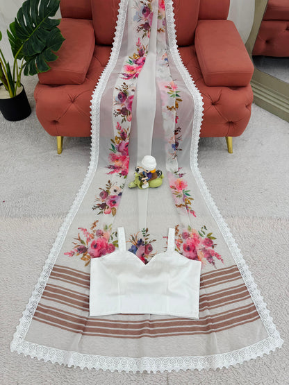 White Faux georgette With Digital Print Saree