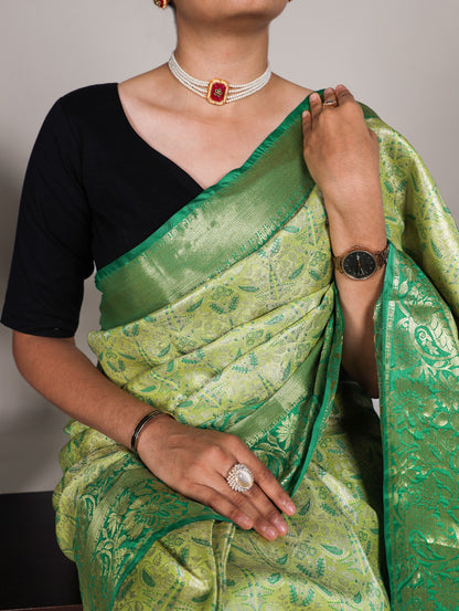 Parrot Green Jacquard Silk With Zari Work Saree