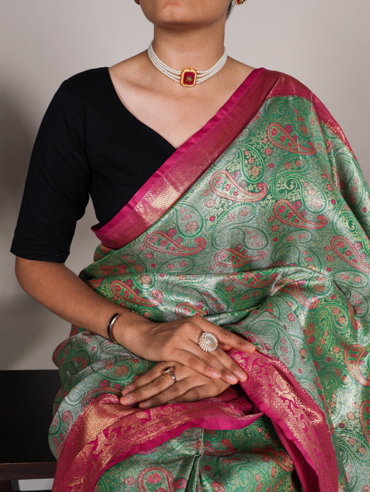 Green Jacquard Silk With Zari Work Saree