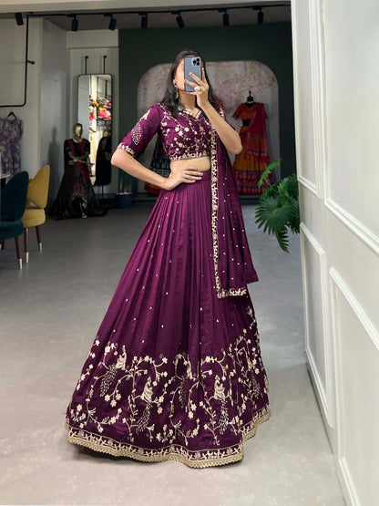 Wine Vichitra Silk With Sequins Embroidery Work Lehenga