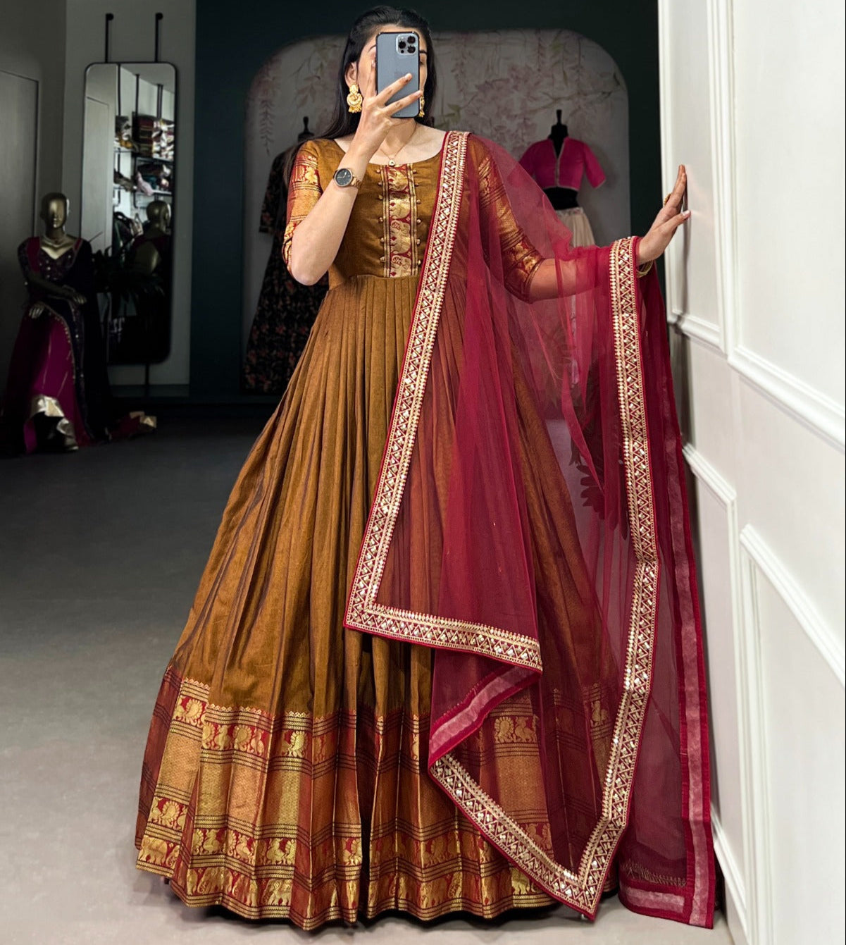 Mustard Zari Weaving Work Gown With Net Dupatta