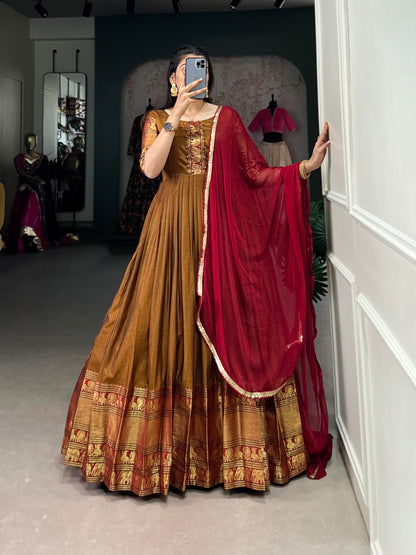 Mustard Zari Weaving Work Gown With Net Dupatta