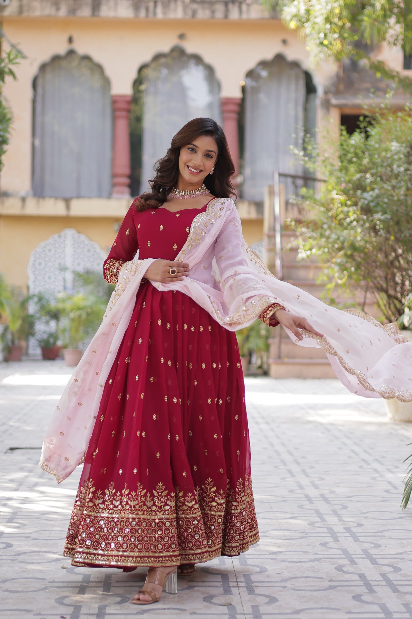 Cheery Red Faux Blooming With Embroidery Zari Sequins Work Gown With Dupatta