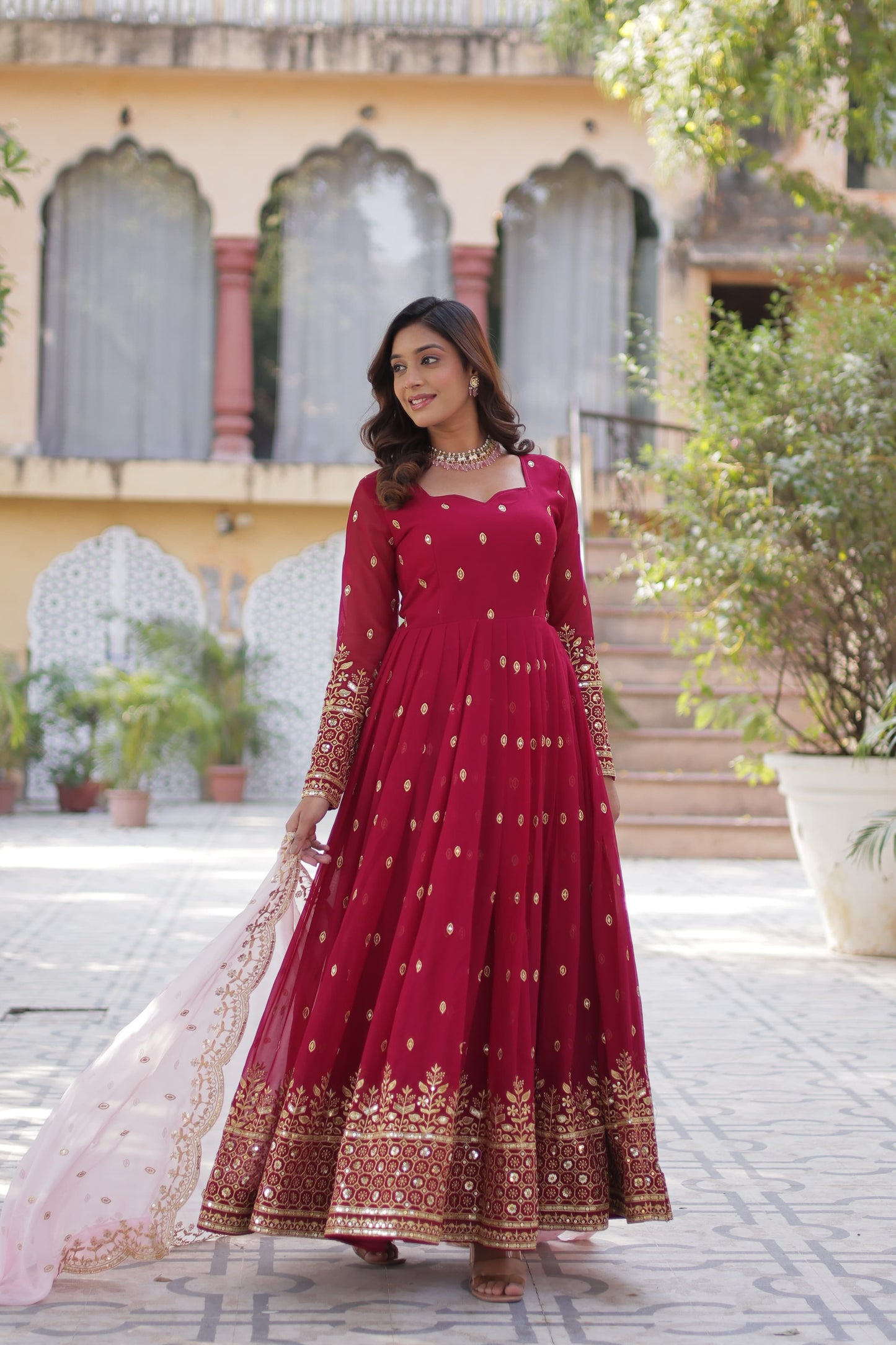Cheery Red Faux Blooming With Embroidery Zari Sequins Work Gown With Dupatta