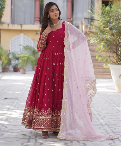 Cheery Red Faux Blooming With Embroidery Zari Sequins Work Gown With Dupatta