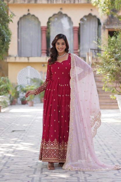 Cheery Red Faux Blooming With Embroidery Zari Sequins Work Gown With Dupatta