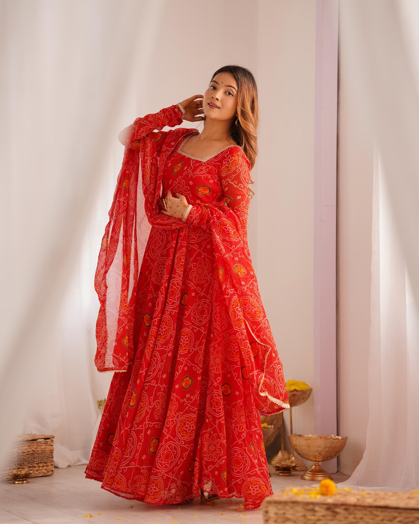 Red Lightweight Chiffon Bandhej 3pc Kurta Set