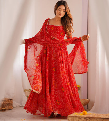 Red Lightweight Chiffon Bandhej 3pc Kurta Set
